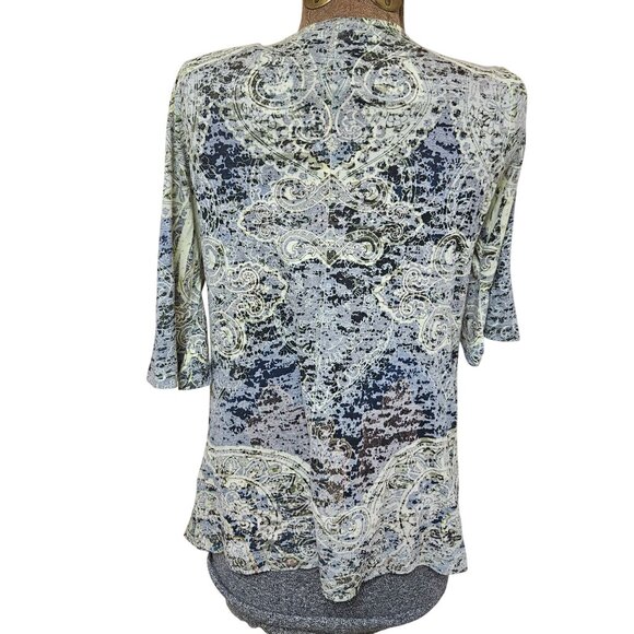 One World Blouse Womens Small Lace Accented V Neck Top Yellow Gray Pattern - Picture 6 of 10